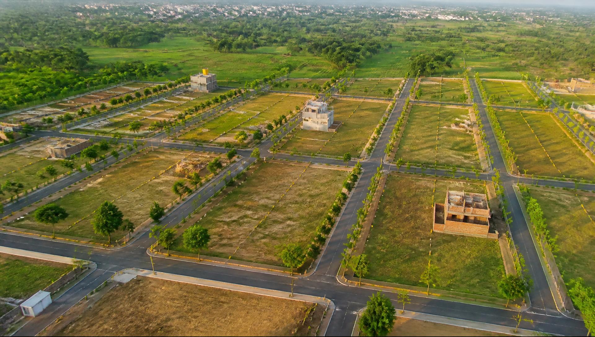Aerial view of a developed plotting site in Chhattisgarh
